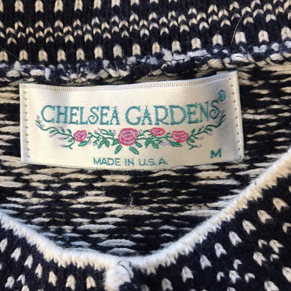 CHELSEA GARDENS Sz Med Nordic Fair Isle Blue Women's Cardigan Metal Buttons Vtg - Picture 8 of 8